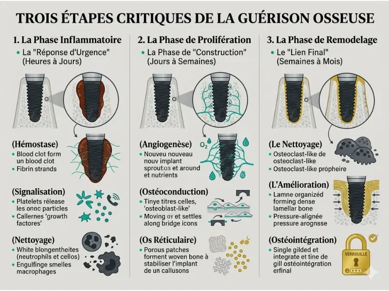 Un'immagine didattica che illustra le tre fasi cruciali della guarigione e della rigenerazione ossea durante il processo di osteointegrazione di un impianto dentale.