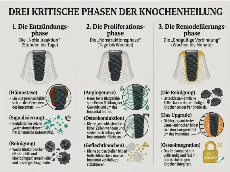 Eine detaillierte medizinische Infografik, die die drei kritischen Phasen der Knochenneubildung während der Osseointegration von modernen Zahnimplantaten illustriert.