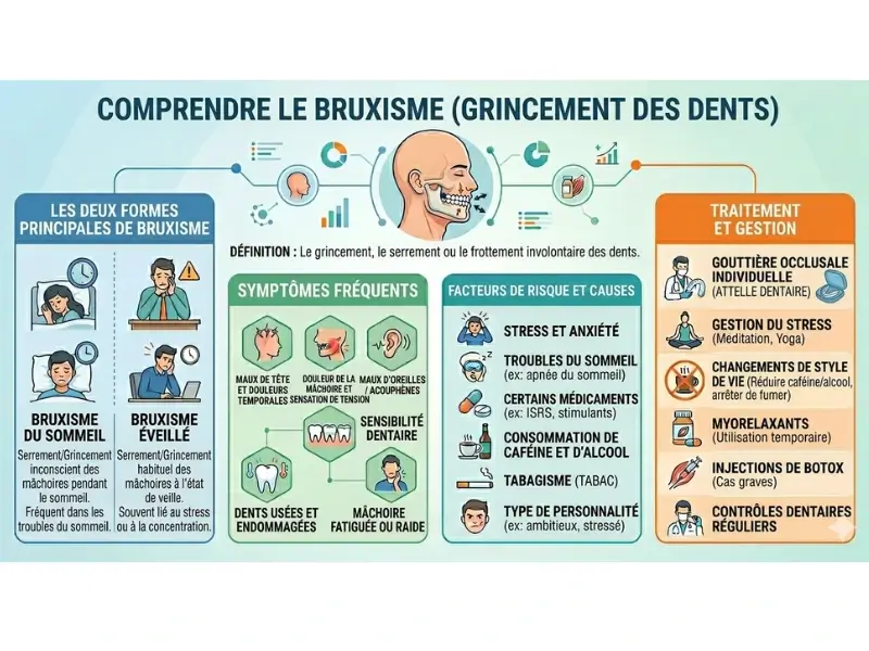 Image d'un tableau présentant les types de bruxisme, leurs causes, leurs facteurs de risque et leurs traitements.