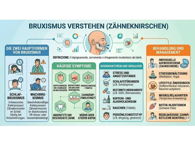 Eine Tabelle, die Arten, Ursachen, Risikofaktoren und Lösungen für Bruxismus aufzeigt