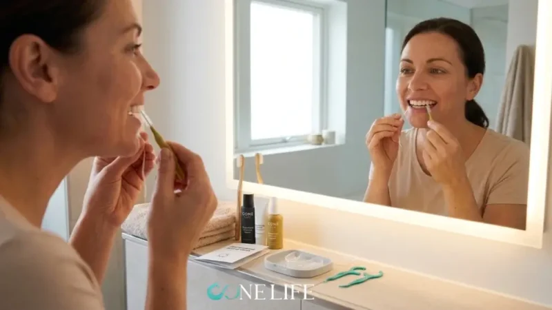 Eine lächelnde Frau wird im Profil und durch ihr Spiegelbild in einem gut beleuchteten Badezimmerspiegel gezeigt, wie sie ihre Zähne akribisch mit einer specialised Interdentalbürste und Zahnseide reinigt. Die Badezimmerablage ist mit Körperpflegeprodukten organisiert, darunter Zahnpastatuben und Flaschen der Marke CORE LIFTS, neben einer Schale für klare Zahnschienen und losen Zahnseide-Sticks. Das helle, natürliche Licht von einem Fenster und dem Spiegel schafft eine saubere und fokussierte Atmosphäre, die die detaillierten Schritte ihrer specialised personalisierten Implantatpflegeroutine hervorhebt.