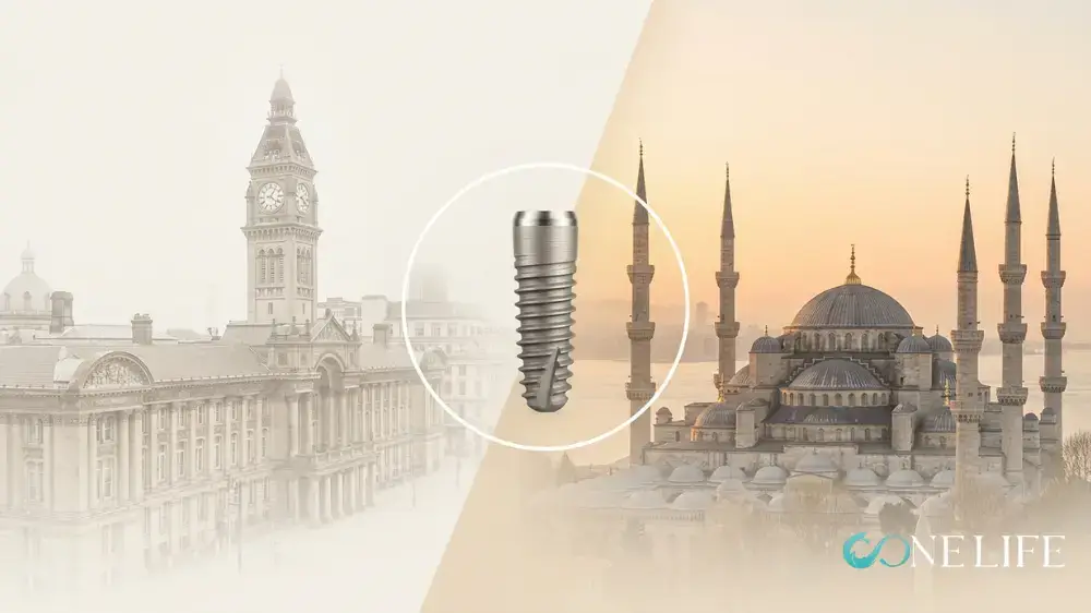 Artistic illustration of dental implants in Birmingham vs Turkey, with the blue mosque in Istanbul in the right half of the image and Birmingham's town hall tower on the left half. Serpia filter over the image, with a diagonal line up the middle separating both landmarks, under a floating dental implant, right in the centre of the picture.
