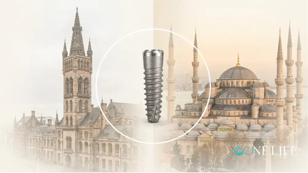 Illustration displaying Turkish and Scottish landmark monuments from Istanbul and Glasgow with a champagne filter. The image is divided by a floating dental implant in the middle, representing dental implants in Glasgow vs. Turkey