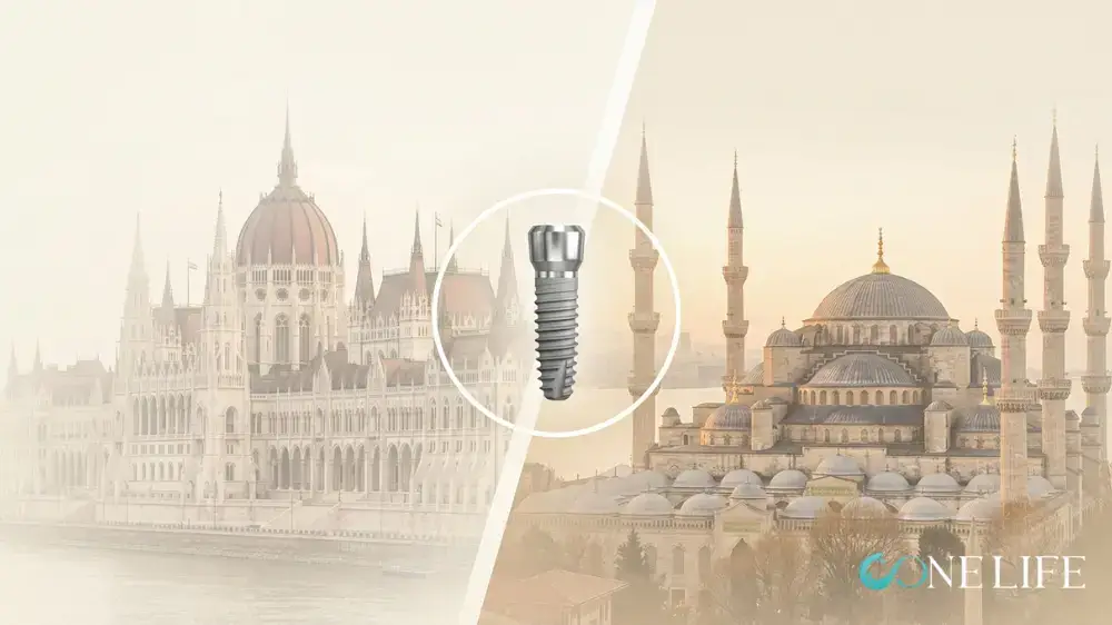 Artistic illustration of dental implants in Hungary vs Turkey, with a sandy color filter, showing the Budapest parlament on the left of the image and the Blue Mosque in Istanbul to the right. The image is diagonally divided across the centre (up-down) by a white line and over it, right in the centre of the image, a floating dental implant