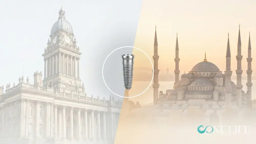 Artistic illustration of dental implants in Leeds vs Turkey, showing landmarks of Istanbul and Leeds with a floating dental implant in the middle of the visual