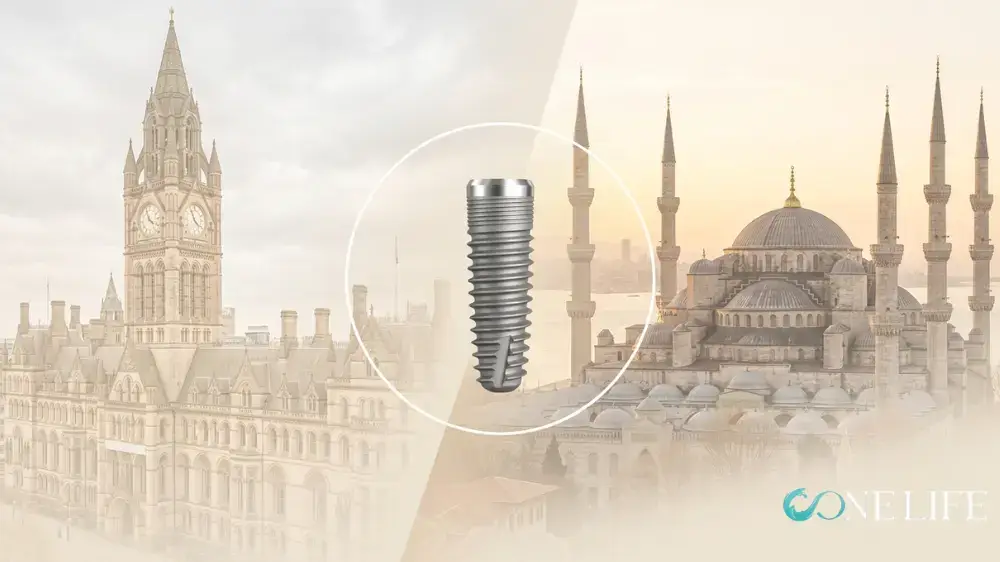 Artistic image illustrating dental implants in Manchester vs Turkey, with a sepia filter over an image diagonally divided in half by a dental implant floating. The left side of the image shows the main Manchester monumental landmarks while the right side shows the Blue Mosque in Istanbul