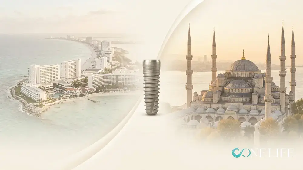 Conceptual image illustrating dental implants in Mexico vs turkey, with half image showing sun-bathed Cancun coastline and the right half Aya Sofya in Istanbul. The image is divided in the middle by a dental implant.