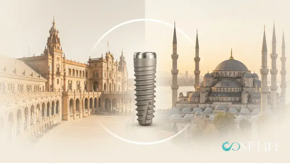 Artistic illustration of dental implants in Spain vs Turkey: champagne colored image divided in two halfs by a dental implant in the middle: to the left, the Plaza de España y Seville; on the right the Blue Mosque in Istanbul.