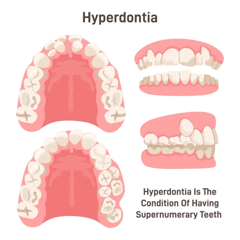 Medical illustration of how hyperdontia looks like, using 4 mandibles in different angles