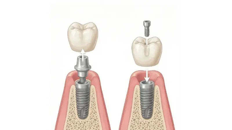 Exploded diagram comparing screwless dental implants with screw-retained implants, showing a crown seating directly onto the abutment versus a crown secured by an abutment screw.