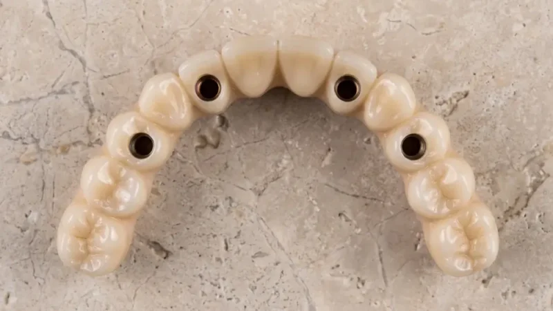 All-on-4: Vollständiger Keramik-Zahnbogen, Ansicht der Unterseite, mit vier Bohrungen für die Befestigungsschrauben an den Implantaten.