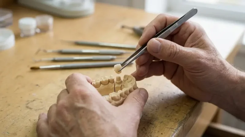 Fabrication d'une couronne unitaire : un prothésiste dentaire place, à l'aide d'une pince, la couronne en céramique sur un modèle en plâtre de l'arcade dentaire.