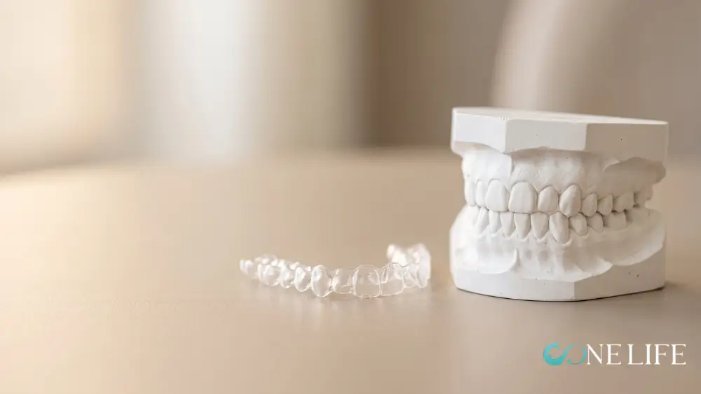 Clear aligner tray beside a white plaster dental model, a common treatment option for crooked teeth