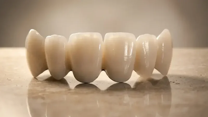 Dental bridge on natural teeth: multi-unit ceramic structure resting on a reflective beige surface.