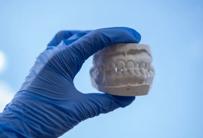 Gloved hand holding a dental mock-up cast used to assess crooked teeth
