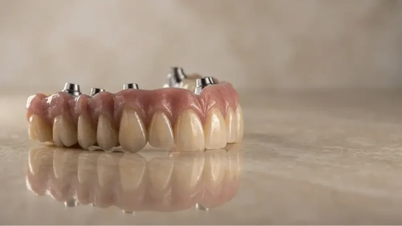 Toronto Bridge: a fixed dental prosthesis screwed onto implants, featuring pink resin artificial gums and ceramic teeth.