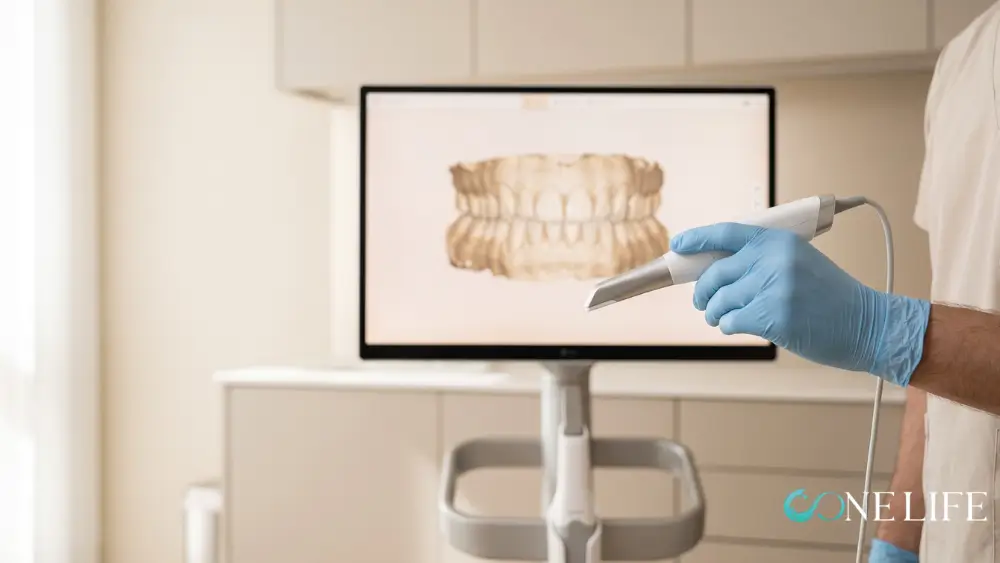 Dentist holding an intraoral scanner beside a screen showing a 3D scan used to assess misaligned teeth