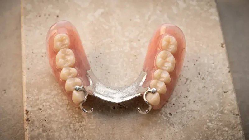 Herausnehmbare Modellgussprothese für den Unterkiefer mit Metallgerüst, Klammern und Zähnen aus rosa Kunststoff.