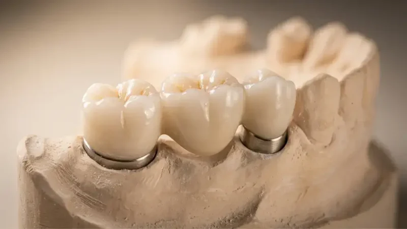 Ponte dentale sugli impianti: protesi dentale fissa in ceramica avvitata su due impianti, su un modello su piatto.