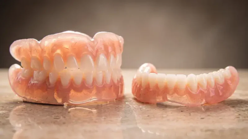 Prothèse amovible complète : dentier supérieur et inférieur en résine rose avec des dents blanches, posés sur une surface réfléchissante.