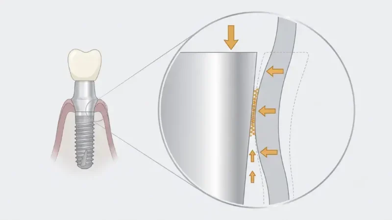 Darstellung, wie schraubenlose Zahnimplantate funktionieren: vergrößerte Ansicht der Presspassung mit Pfeilen, die Einpress- und Klemmkräfte zwischen Abutment und Implantatwand zeigen.