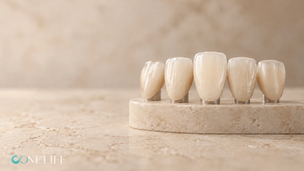 Five dental crowns showcasing the A1 tooth shade arranged on a stone display stand.