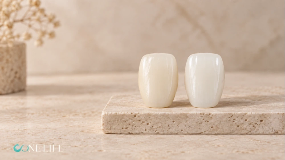 A1 vs B1 tooth shade comparison displaying the subtle color differences between two dental restorations on a light stone display with the One Life logo in the corner.