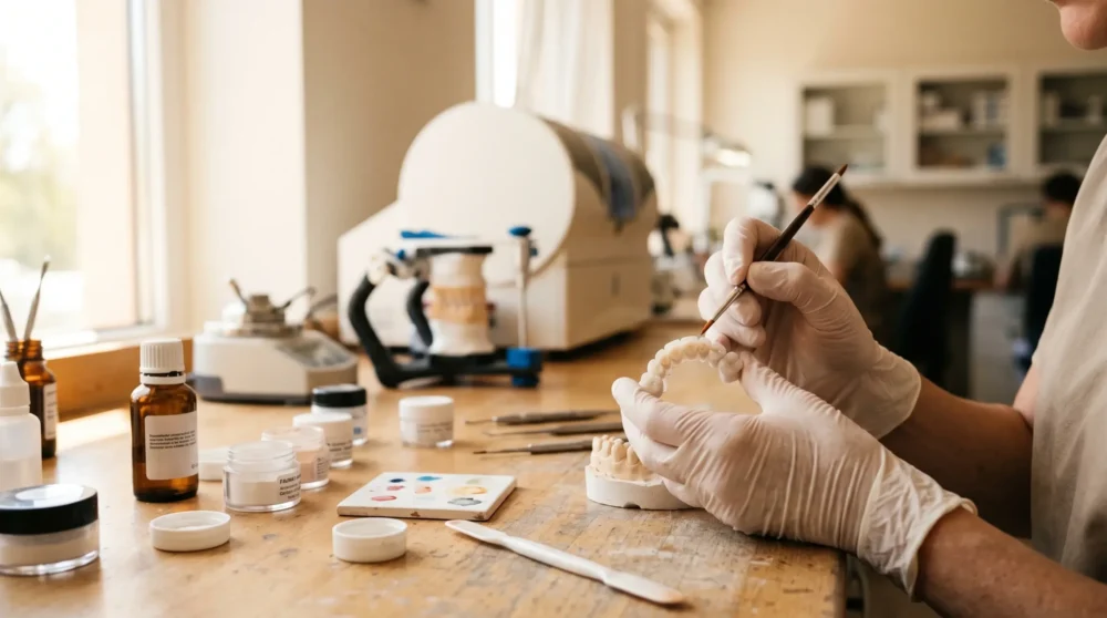 A dental technician wearing white gloves uses a fine brush to carefully detail a custom dental implant prosthesis in a bright laboratory at the best dental clinic in Turkey for implants.