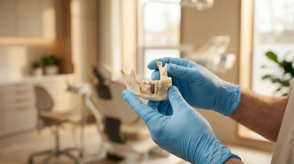 A dental professional wearing blue surgical gloves holds an anatomical model of a lower jawbone inside a brightly lit dental office. The model displays a cross-section of the bone with a titanium dental implant, visually illustrating dental complications such as bone graft rejection.