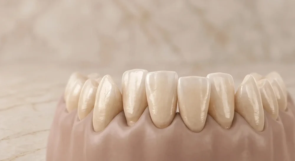 Close-up of a lower jaw dental model illustrating crowded teeth against a blurred light background.