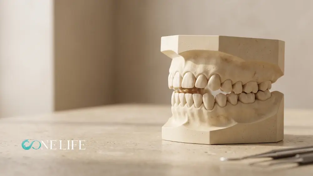 A close-up of a gypsum dental model illustrating an open bite, where a distinct gap is visible between the upper and lower front teeth while the back teeth remain closed.