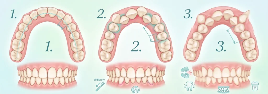 A medical diagram illustrating three stages of teeth crowding severity, showing top and front views from normal alignment to severe misalignment.