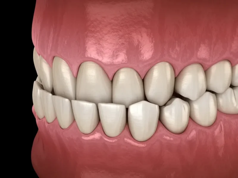 A close-up underbite medical illustration showing the lower teeth protruding in front of the upper teeth.
