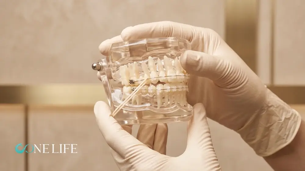 Gloved hands holding a clear dental model demonstrating underbite prognathism being treated with braces and orthodontic elastics.