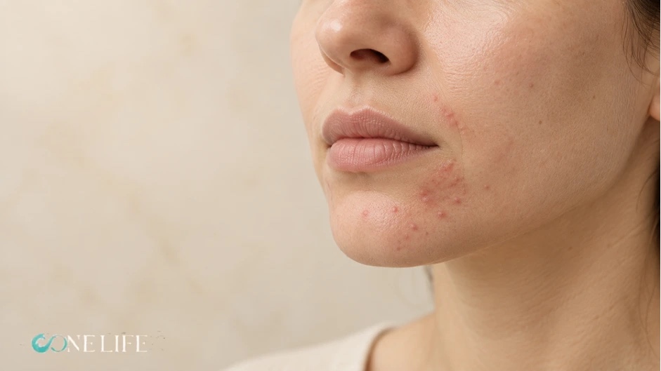 Close-up of a young woman's face showing symptoms of perioral dermatitis, characterized by small red bumps and irritation clustered around her mouth and chin