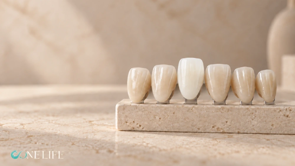 Six dental crowns displayed on a beige stone stand, featuring a bright white B1 tooth shade in the third position among five warmer natural tones.
