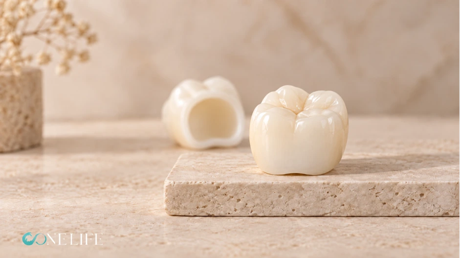 3Y zirconia molar crowns on a travertine stone surface, one showing the occlusal surface and one the hollow interior. DE: Kronen aus 3Y-Zirkonoxid auf Travertin, eine mit sichtbarer Kaufläche, eine mit hohler Innenseite IT: Corone in zirconia 3Y su superficie in travertino, una con la superficie occlusale e una con l'interno cavo FR : Couronnes en zircone 3Y sur une surface en travertin, l'une montrant la face occlusale, l'autre l'intérieur creux