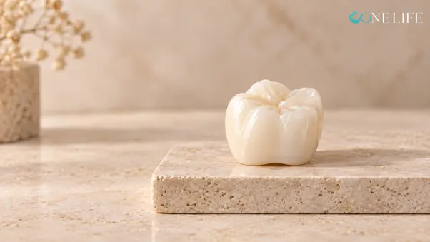 Monolithic zirconia crowns: a single natural-white molar crown on a beige travertine stone block, with dried flowers in the background. If you want the alt text for the translated articles too: DE: Monolithische Zirkonkronen: eine einzelne naturweiße Backenzahnkrone auf einem beigen Travertinblock, im Hintergrund Trockenblumen. IT: Corone in zirconia monolitica: una corona per molare color bianco naturale su un blocco di travertino beige, con fiori secchi sullo sfondo. FR : Couronnes en zircone monolithique : une couronne de molaire blanc naturel posée sur un bloc de travertin beige, avec des fleurs séchées en arrière-plan.