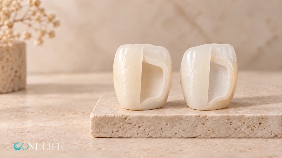 Monolithic vs layered zirconia: two cross-sectioned dental crowns side by side on a stone slab, showing their internal structure That's about 125 characters, which keeps it within what screen readers handle comfortably. Since you're publishing this article in other languages too, here are matching versions: German: Monolithisches vs. verblendetes Zirkon: zwei aufgeschnittene Zahnkronen nebeneinander auf einer Steinplatte Italian: Zirconia monolitica vs stratificata: due corone dentali sezionate affiancate su una lastra di pietra French: Zircone monolithique ou stratifiée : deux couronnes dentaires coupées en section, côte à côte sur une pierre