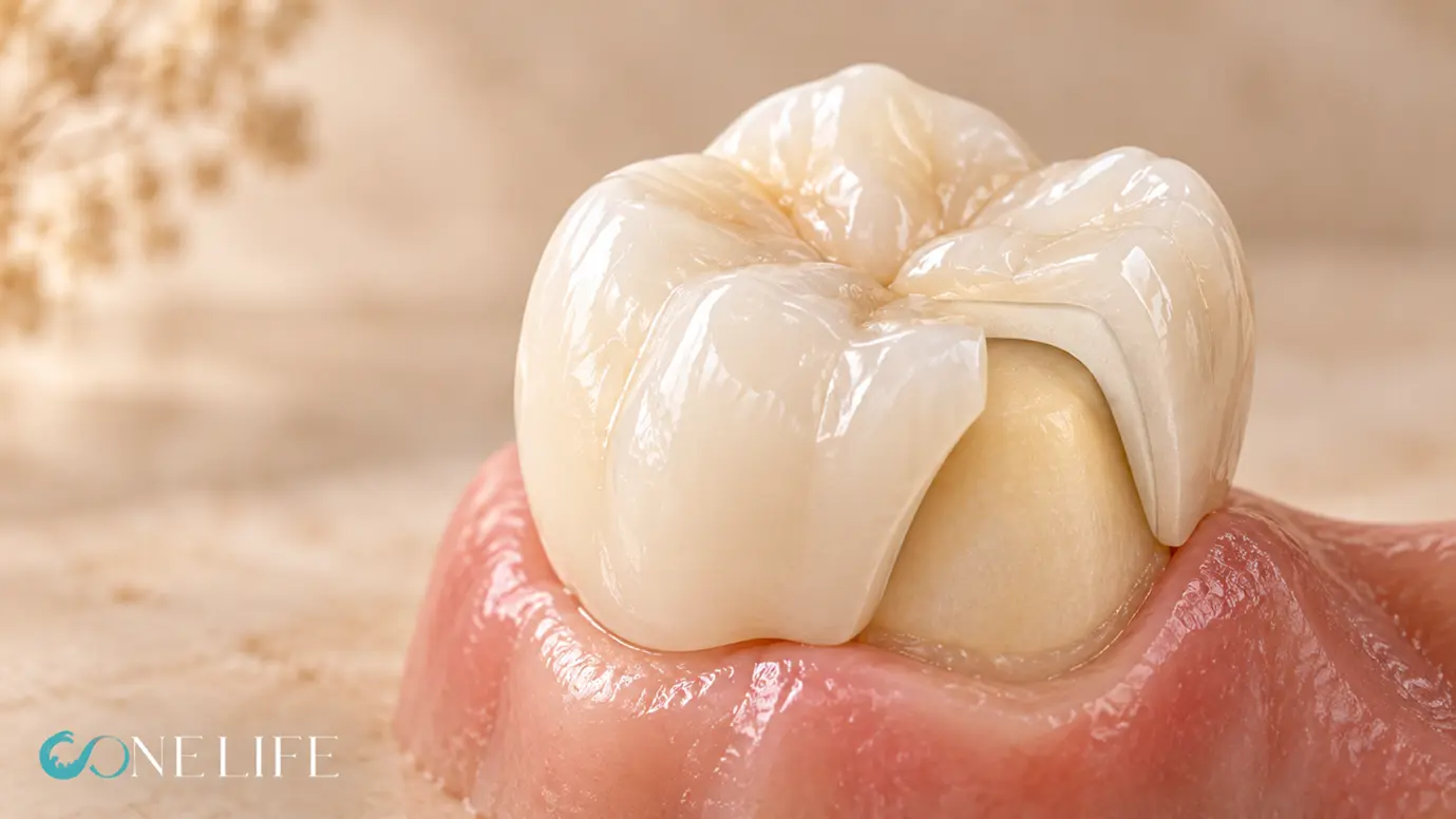 • (EN): Layered zirconia crowns: molar crown on a gum model with the porcelain layer cut away to reveal the zirconia core • DE: Verblendete Zirkonkronen: Backenzahnkrone auf Zahnfleischmodell mit teilweise entfernter Verblendung über dem Zirkongerüst • FR: Couronnes en zircone stratifiée : couronne de molaire sur modèle de gencive, céramique en partie retirée sur l'armature • IT: Corone in zirconia stratificata: corona di molare su modello gengivale con ceramica in parte rimossa sulla struttura