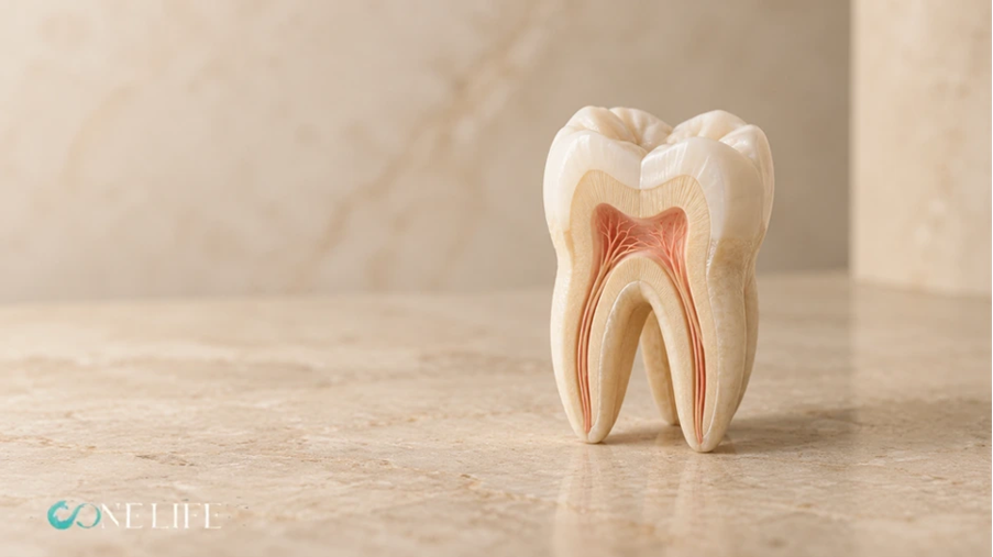 3D anatomical cross-section model of a molar tooth showing the pulp chamber and canals for root canal treatment